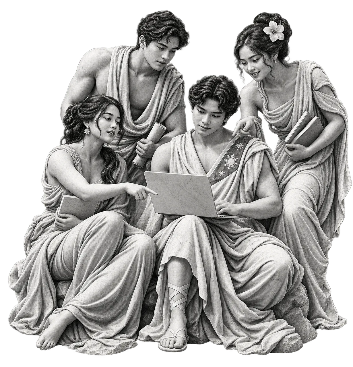 Greek-classical halftone artwork of four builders collaborating around a laptop