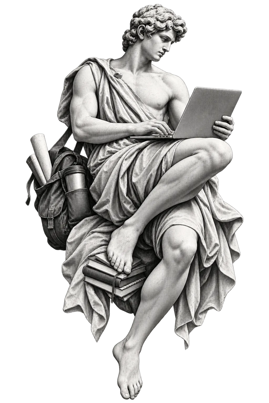 Greek-classical halftone artwork of a sculptural builder working at a laptop