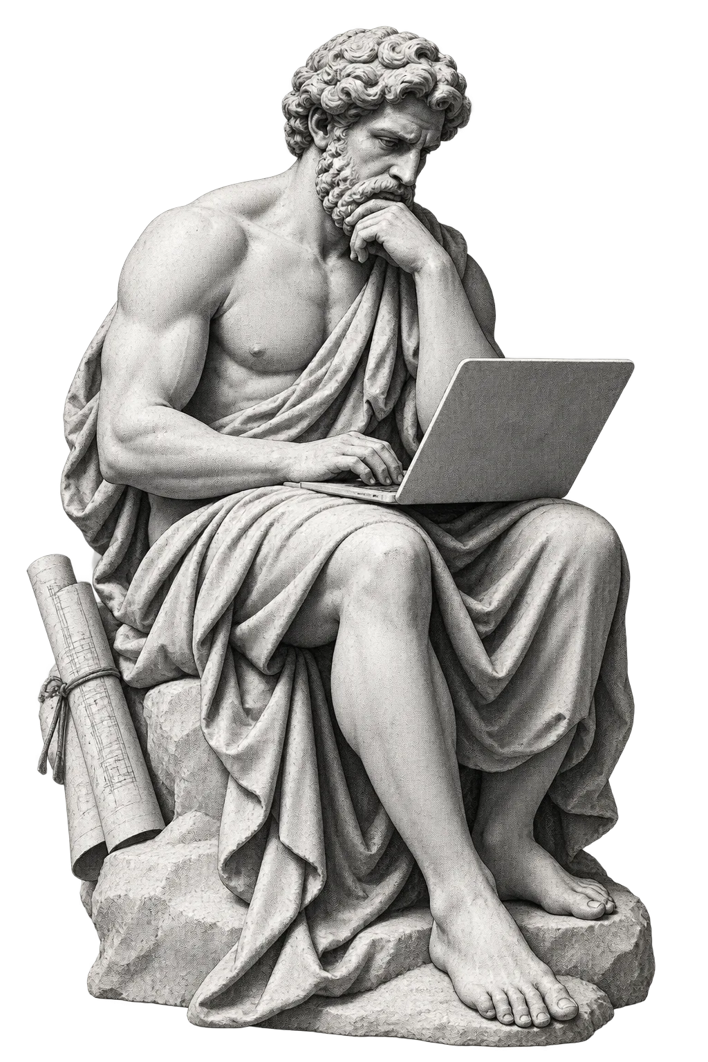 Greek-classical halftone artwork of a solitary sculptural builder owning a project